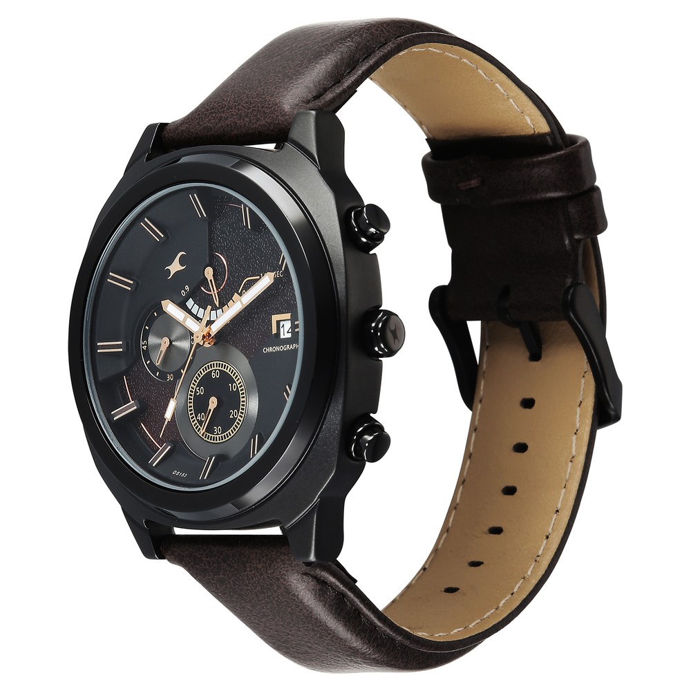 Fastrack Kronos Guys Chronograph Watch With Date Black Dial & Brown Leather Strap