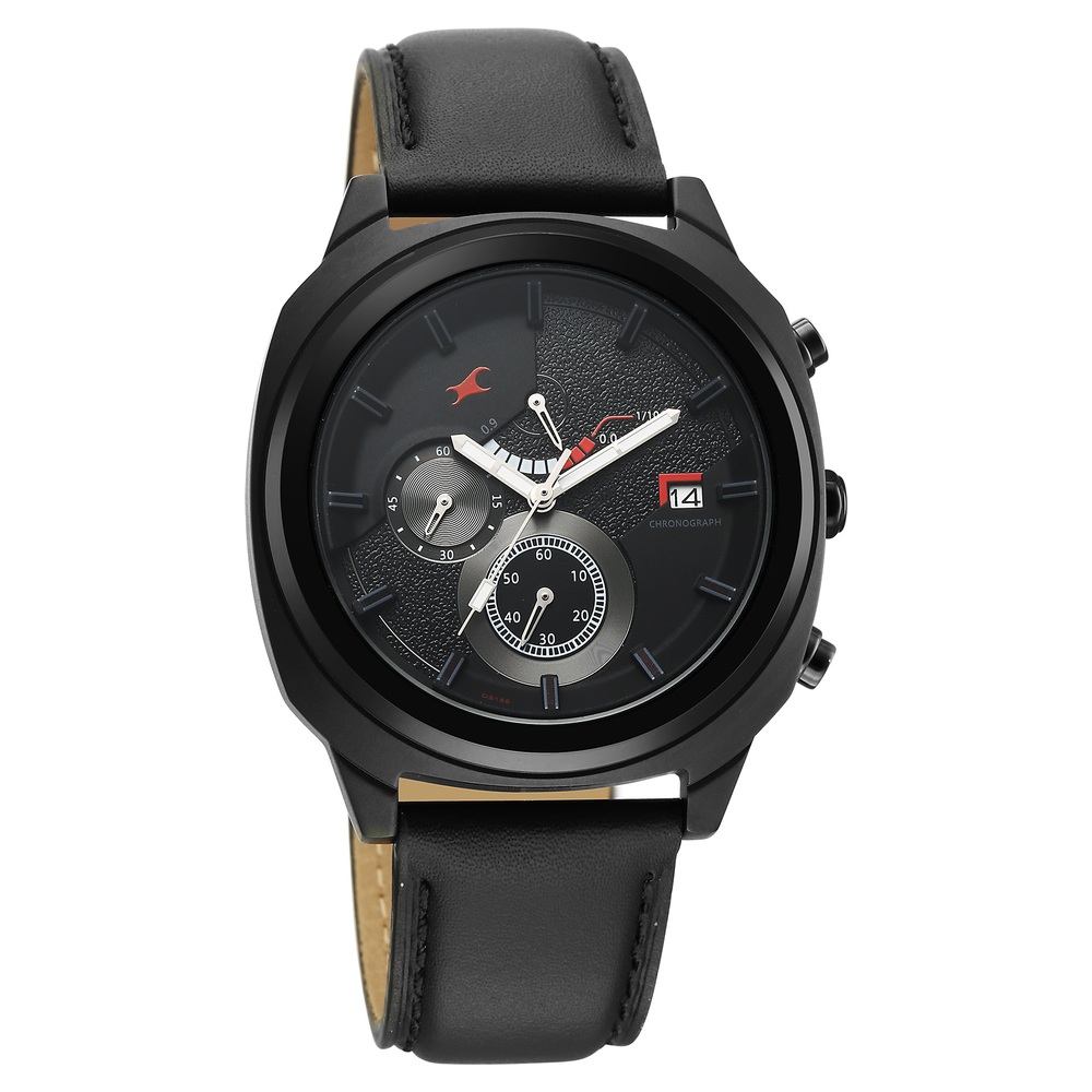 Fastrack Kronos Guys Chronograph Watch With Date Black Dial & Black Leather Strap