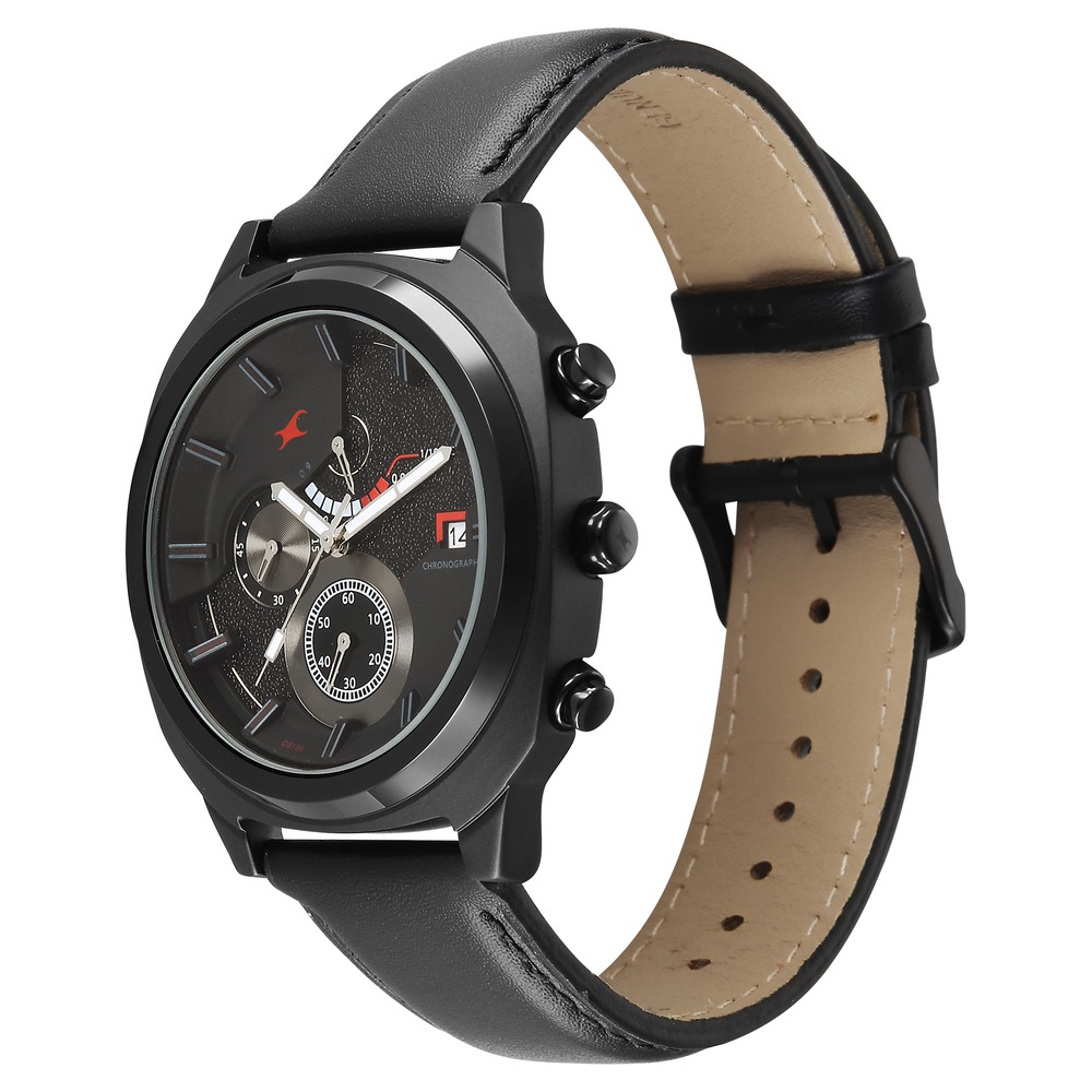 Fastrack Kronos Guys Chronograph Watch With Date Black Dial & Black Leather Strap