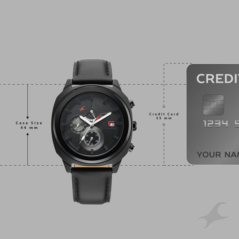 Fastrack Kronos Guys Chronograph Watch With Date Black Dial & Black Leather Strap