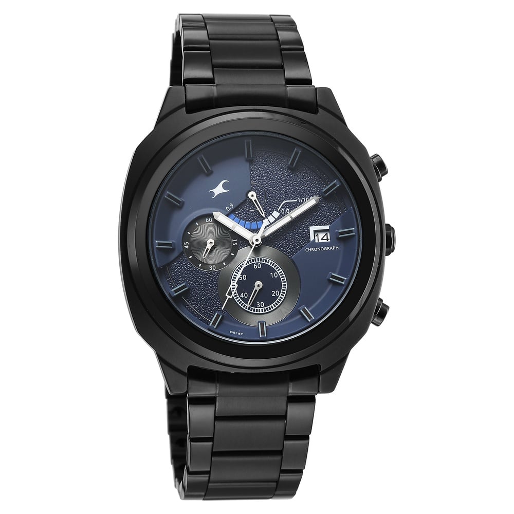 Fastrack Kronos Guys Chronograph Watch With Date Blue Dial & Black Stainless Steel Strap
