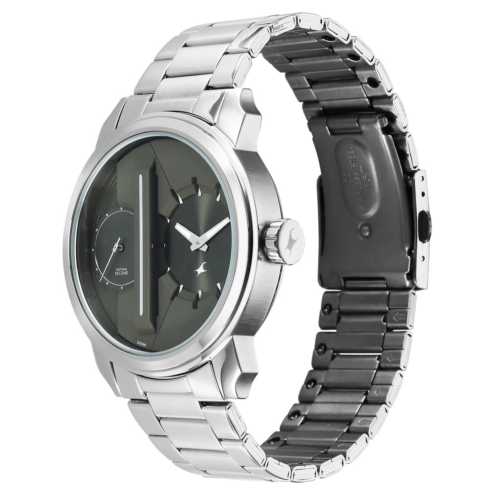 Fastrack Pulse IV Dual Time Analog Watch with Green Dial & Silver Stainless Steel Strap For Guys