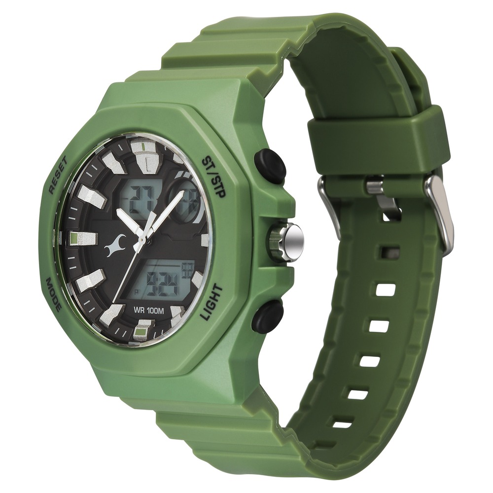 Fastrack Streetstyle Quartz Digital Black Dial Green PU Strap Watch For Guys