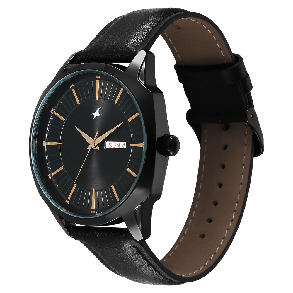Fastrack Stunners Quartz Analog Black Dial Black Leather Strap Watch For Guys