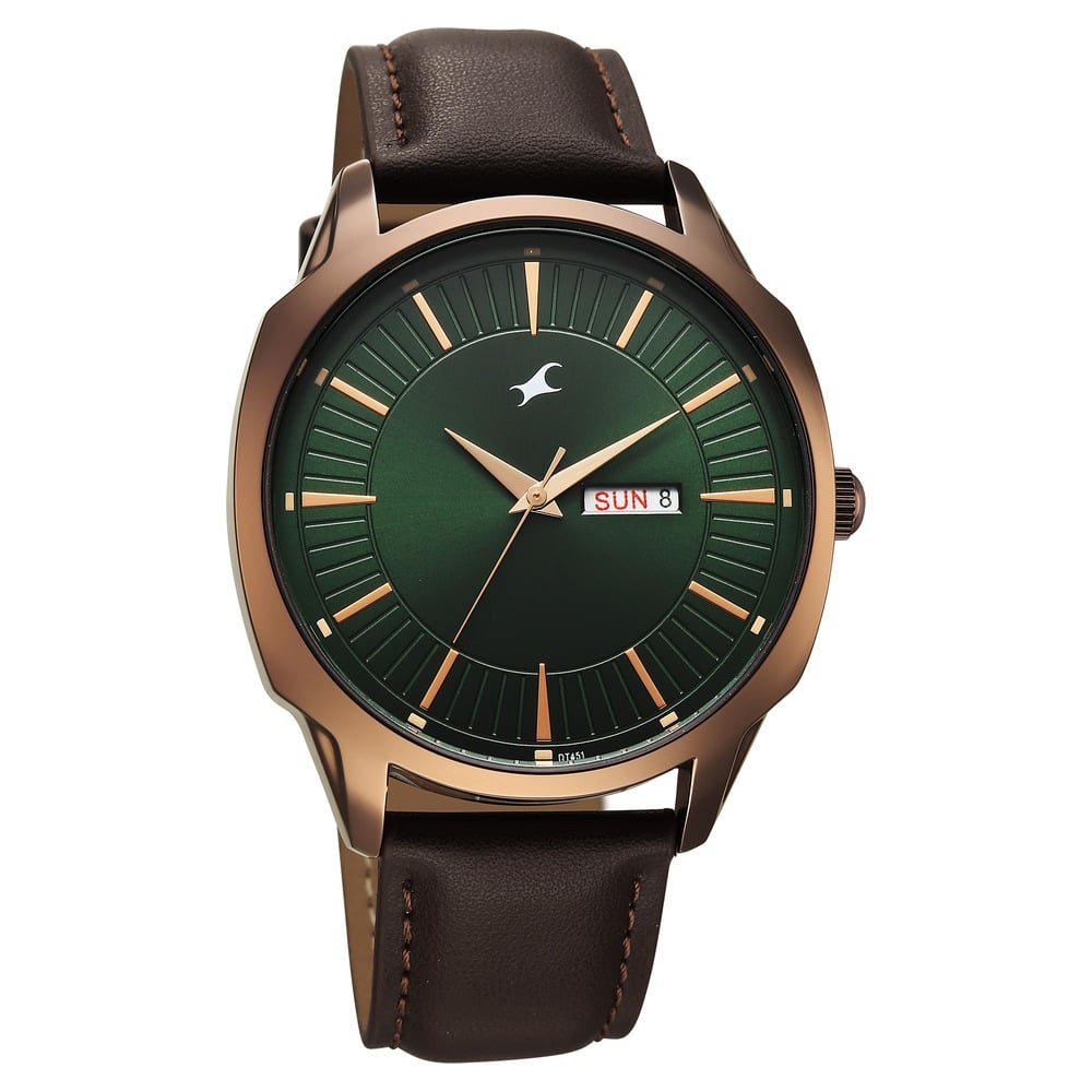 Fastrack Stunners Quartz Analog Green Dial Brown Leather Strap Watch For Guys
