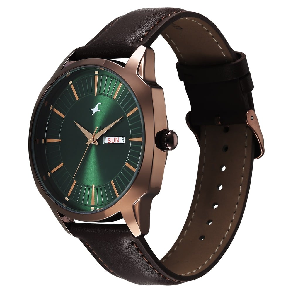 Fastrack Stunners Quartz Analog Green Dial Brown Leather Strap Watch For Guys