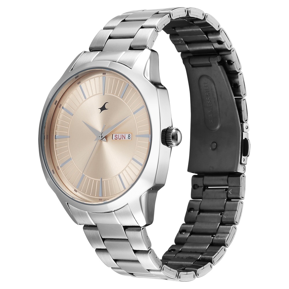 Fastrack Stunners Quartz Analog Beige Dial Silver Stainless Steel Strap Watch For Guys