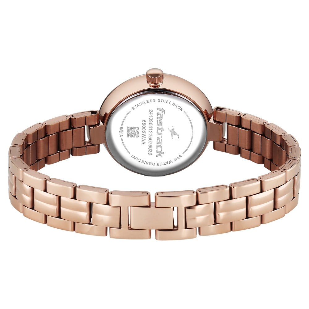 Fastrack Stunners Quartz Analog Beige Dial Rose Gold Stainless Steel Strap Watch For Girls