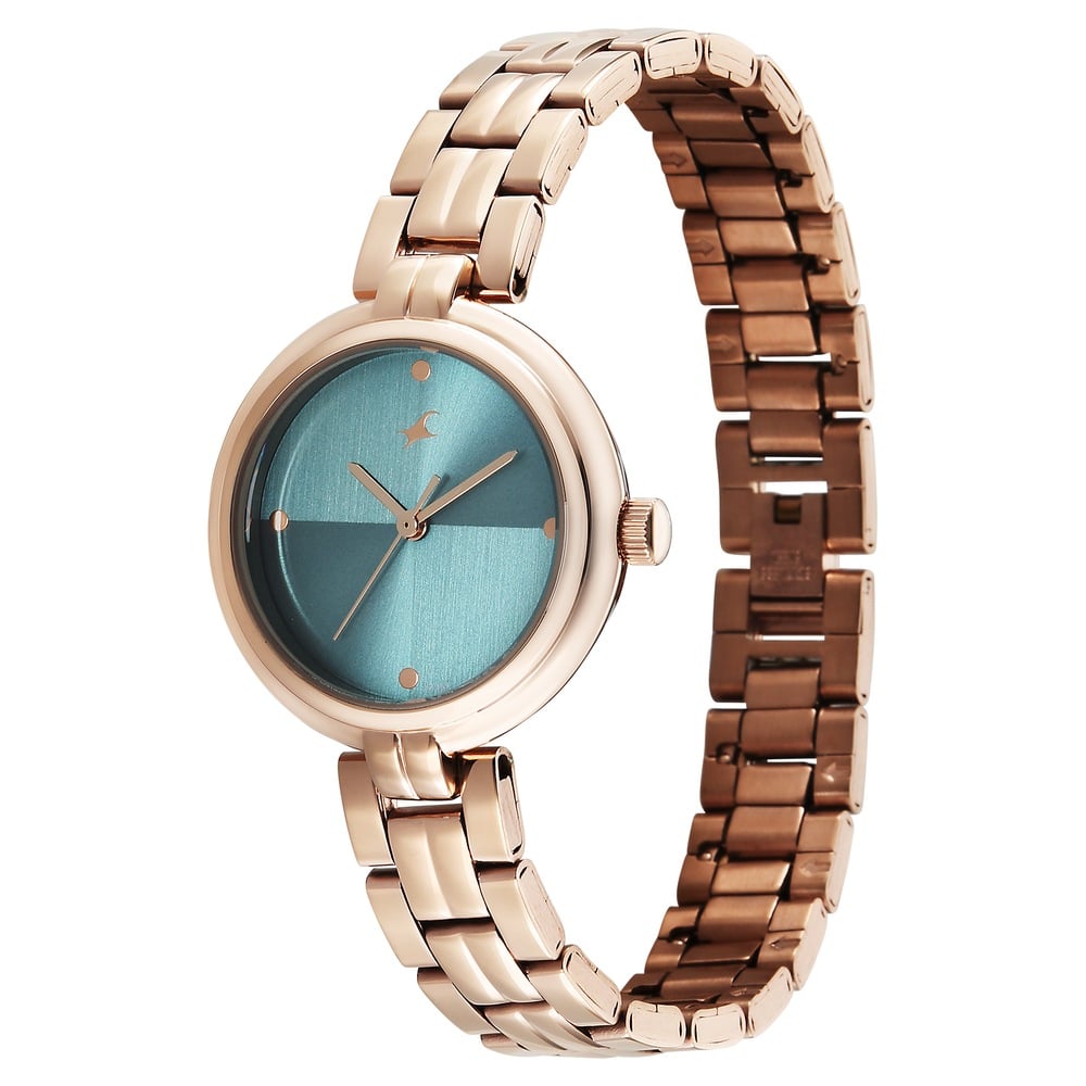 Fastrack Stunners Quartz Analog Teal Dial Rose Gold Stainless Steel Strap Watch For Girls