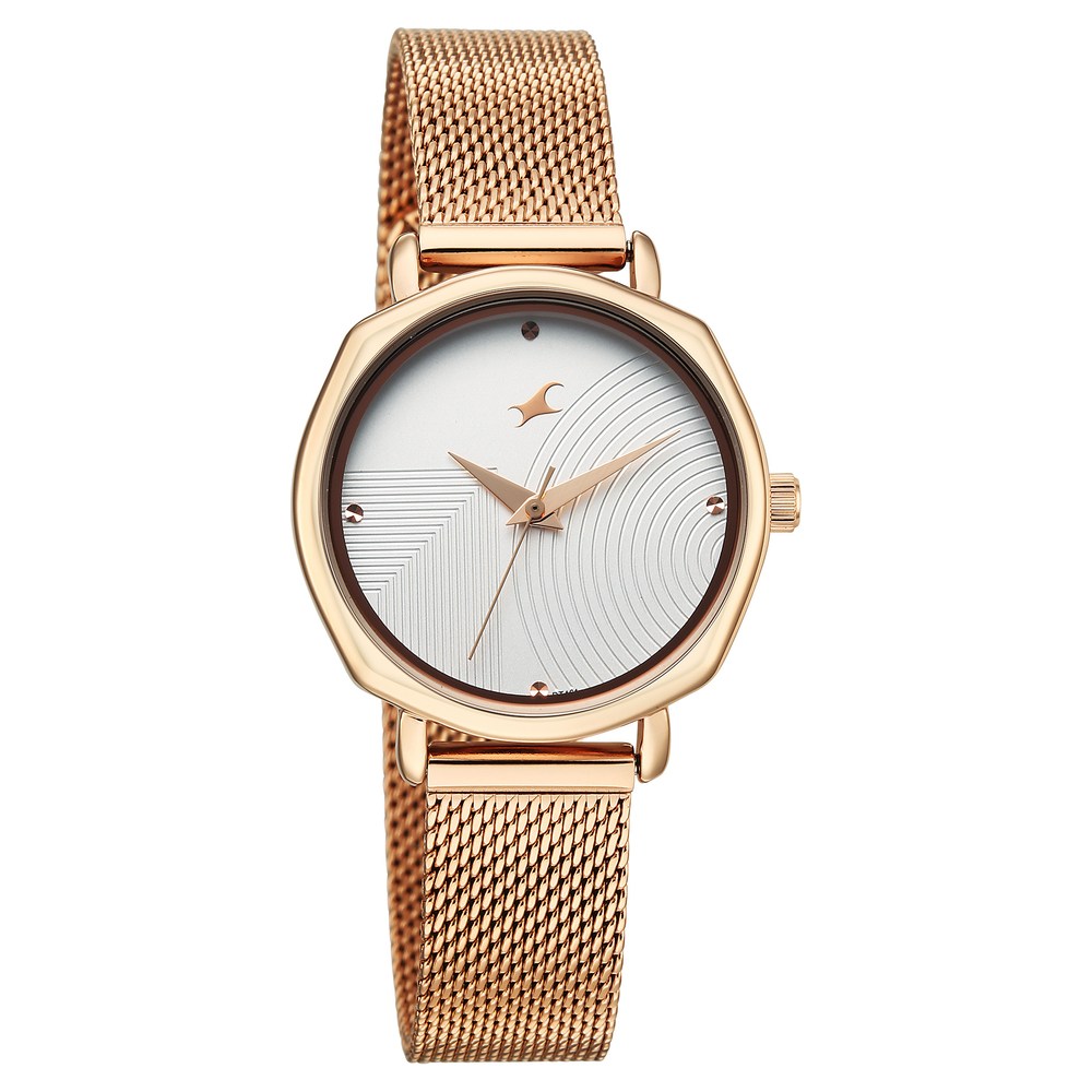 Fastrack Stunners Quartz Analog Silver Dial Rose Gold Stainless Steel Strap Watch For Girls