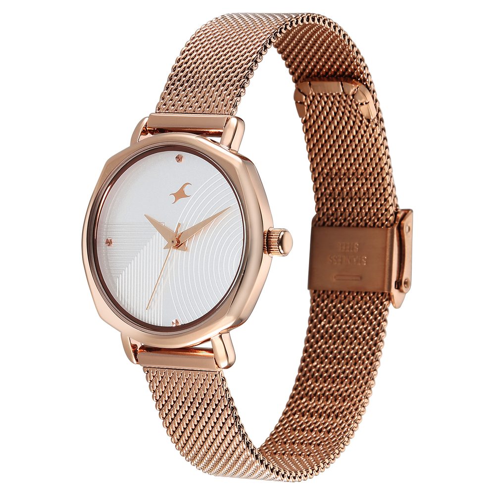 Fastrack Stunners Quartz Analog Silver Dial Rose Gold Stainless Steel Strap Watch For Girls