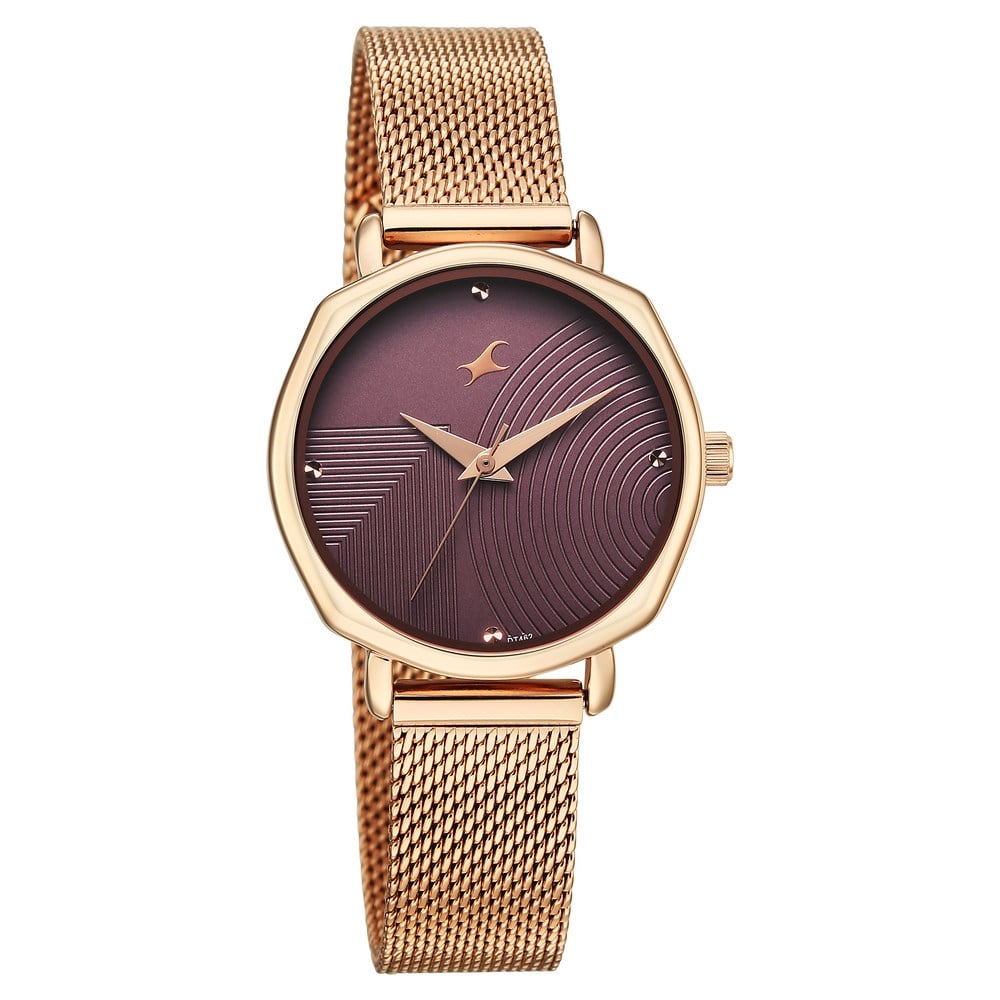 Fastrack Stunners Quartz Analog Purple Dial Rose Gold Stainless Steel Strap Watch For Girls