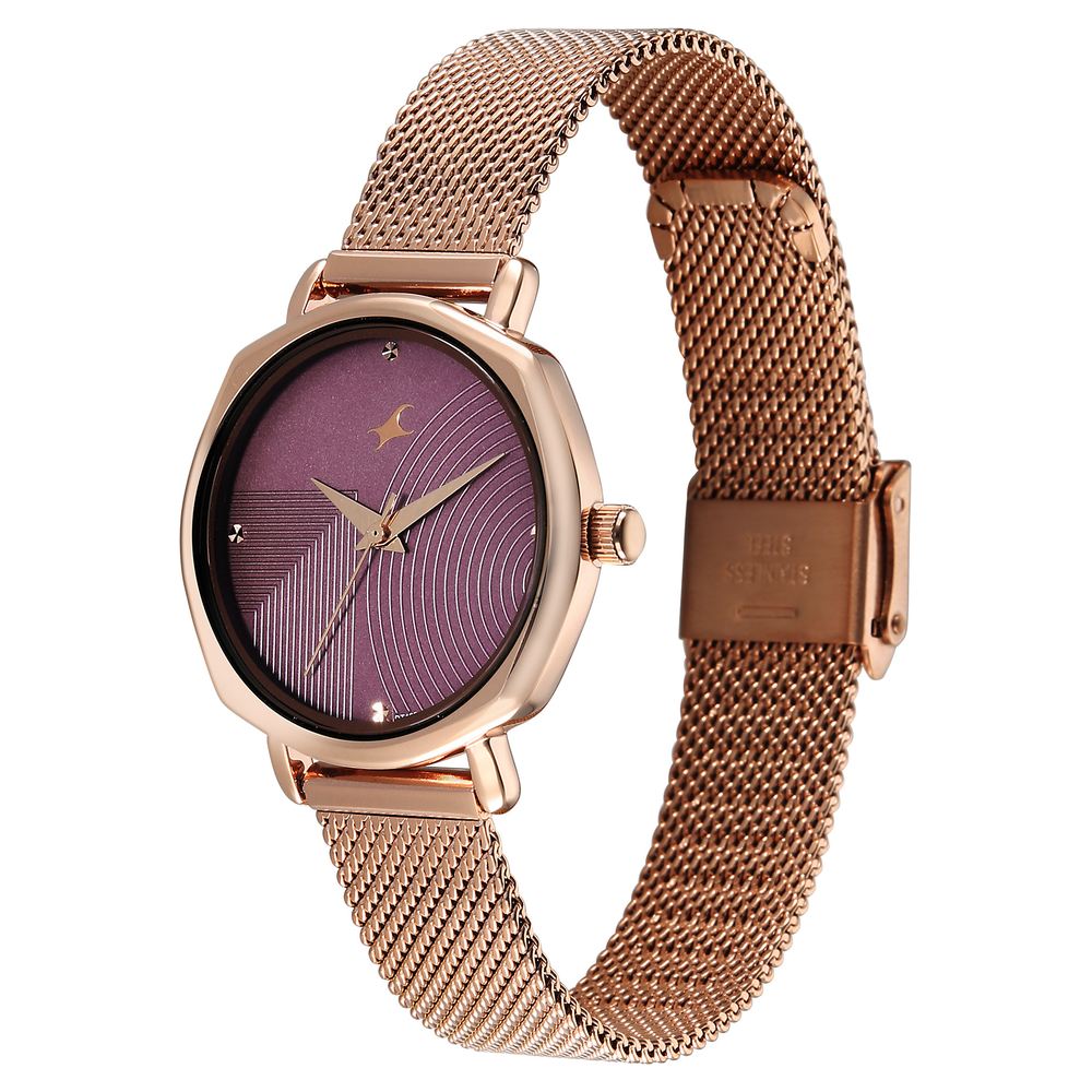 Fastrack Stunners Quartz Analog Purple Dial Rose Gold Stainless Steel Strap Watch For Girls