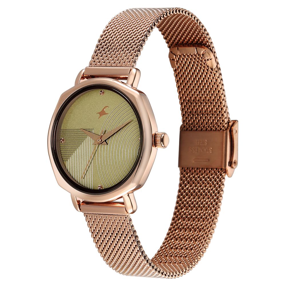 Fastrack Stunners Quartz Analog Green Dial Rose Gold Stainless Steel Strap Watch For Girls