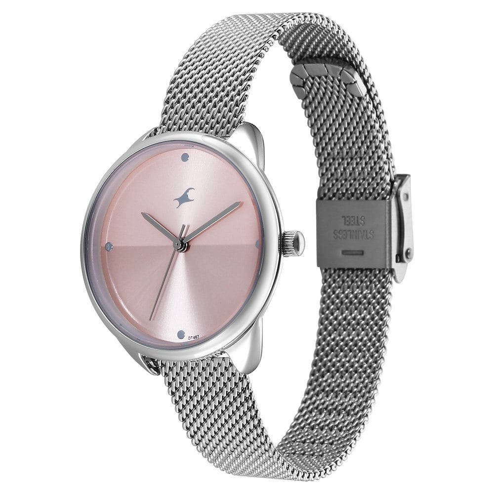 Fastrack Stunners Quartz Analog Pink Dial Silver Stainless Steel Strap Watch For Girls