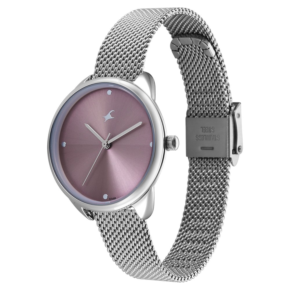 Fastrack Stunners Quartz Analog Purple Dial Silver Stainless Steel Strap Watch For Girls