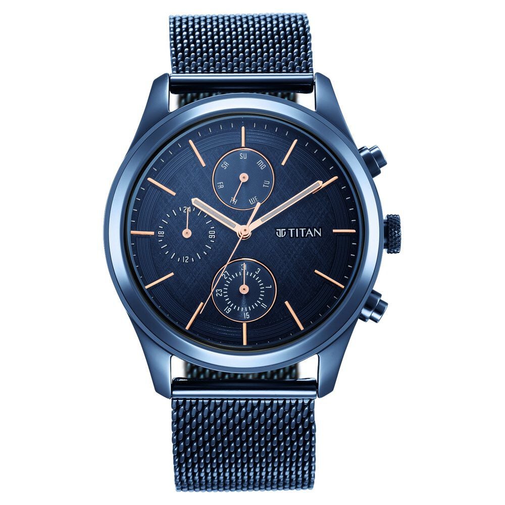 Titan Men's Sartorial Neo Splash: Blue Dial Multifunction Watch with Mesh Strap
