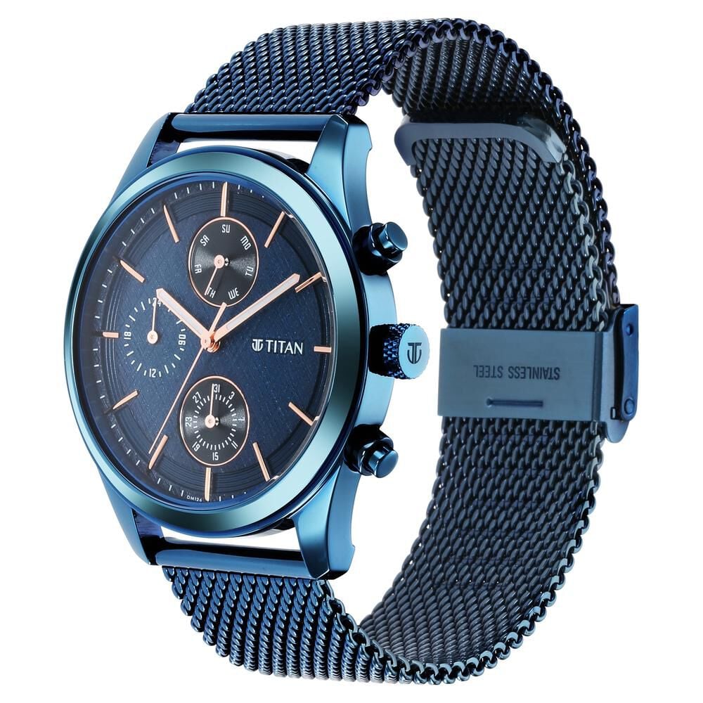 Titan Men's Sartorial Neo Splash: Blue Dial Multifunction Watch with Mesh Strap