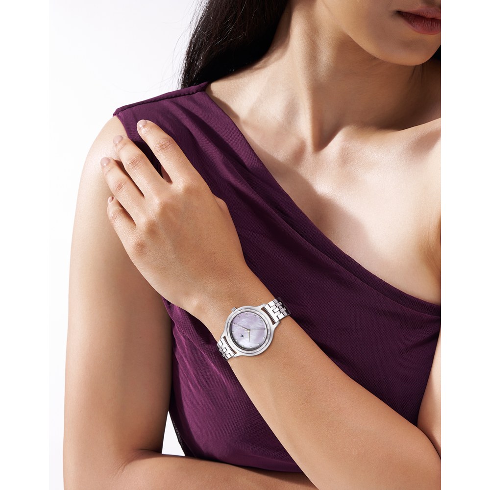 Fastrack Stunners X Quartz Analog Purple Dial Stainless Steel Strap Watch For Girls