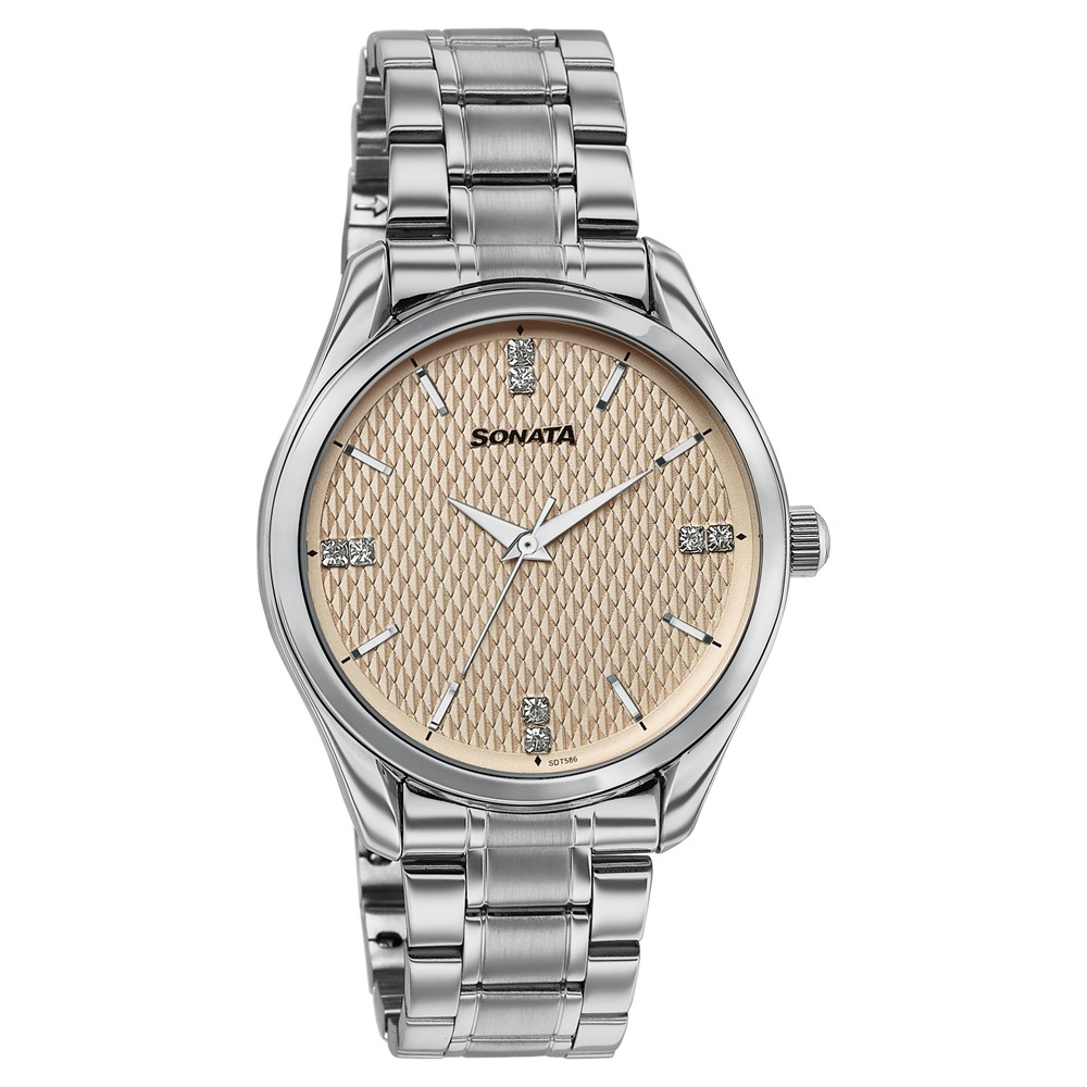 Sonata Jashn Quartz Analog Beige Dial Silver Metal Strap Watch For Men