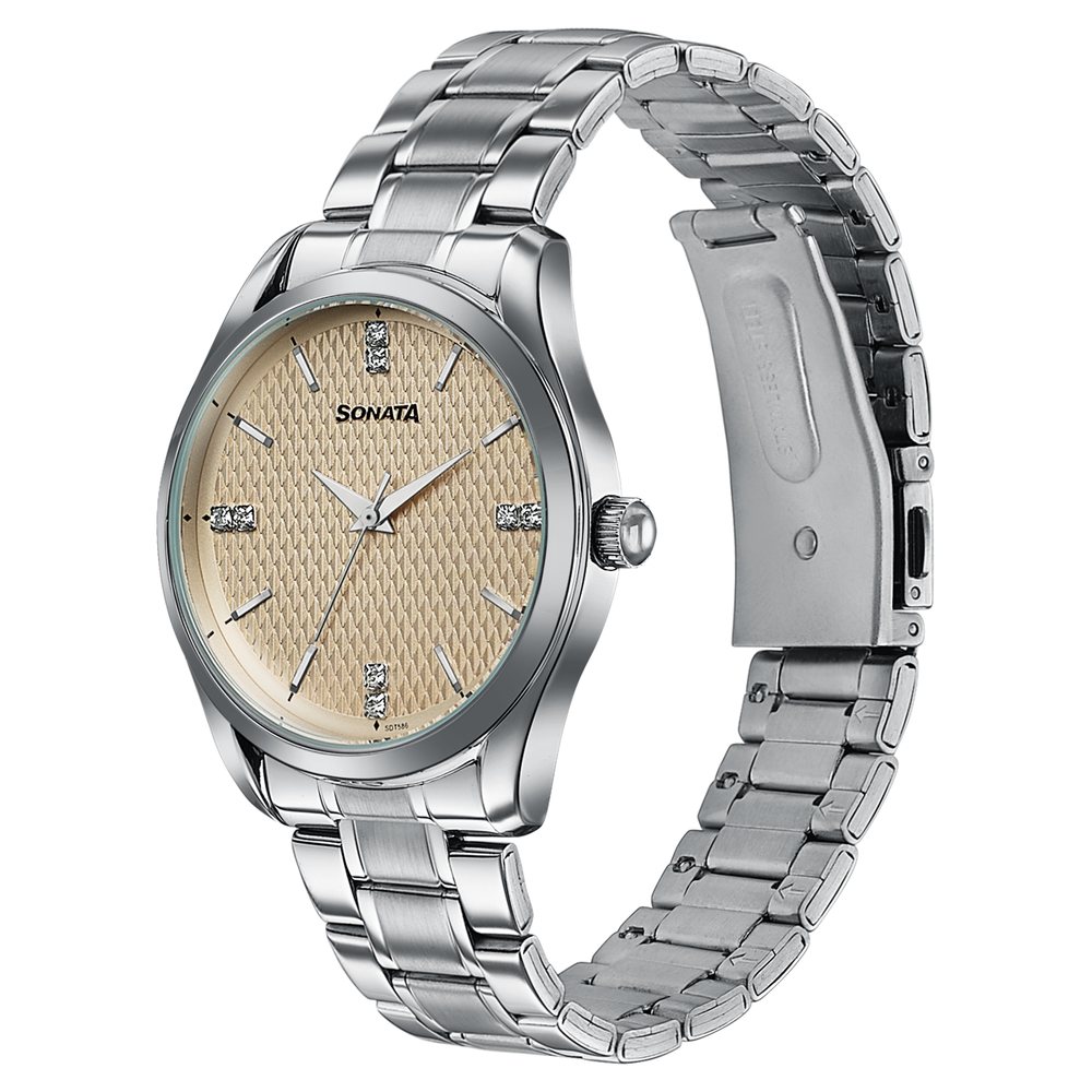Sonata Jashn Quartz Analog Beige Dial Silver Metal Strap Watch For Men
