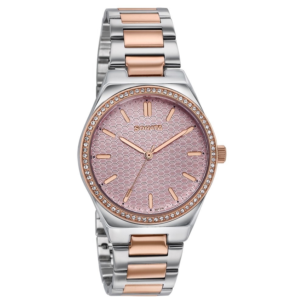 Sonata Jashn Quartz Analog Pink Dial Two Toned Metal Strap Watch For Women