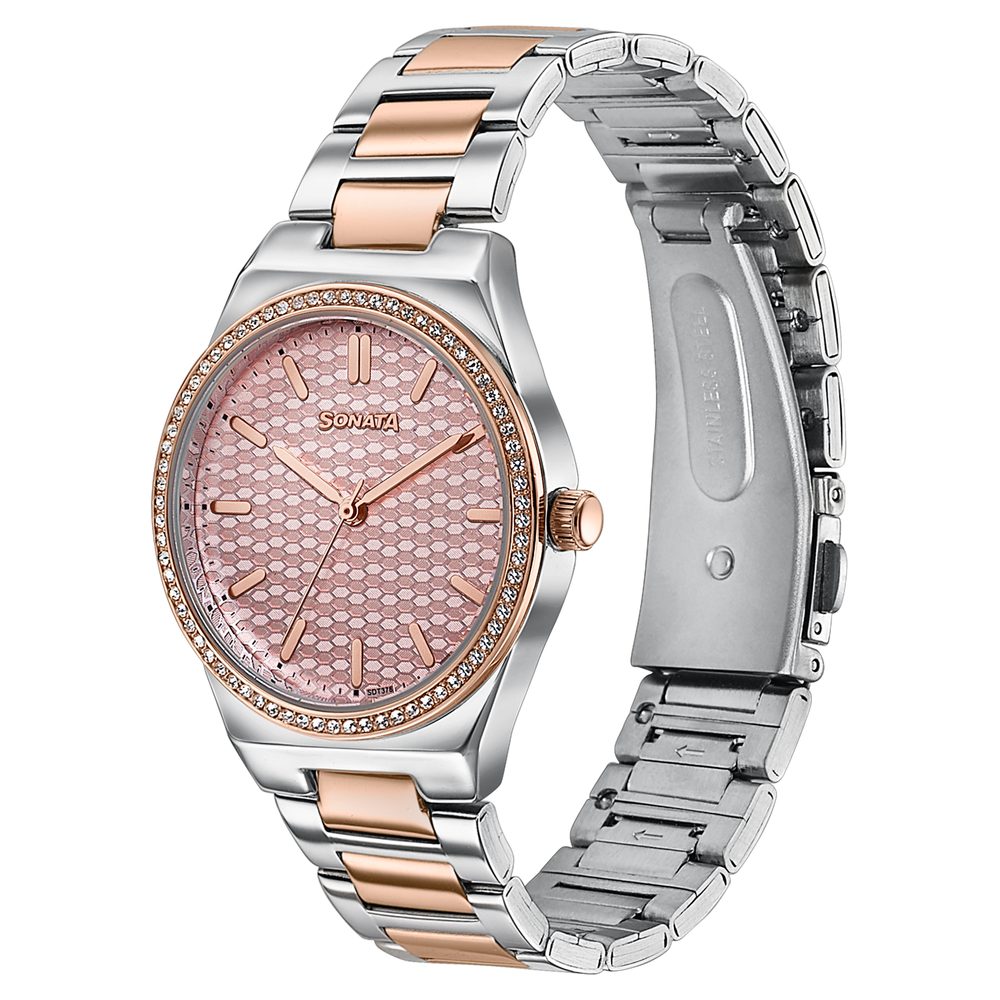 Sonata Jashn Quartz Analog Pink Dial Two Toned Metal Strap Watch For Women