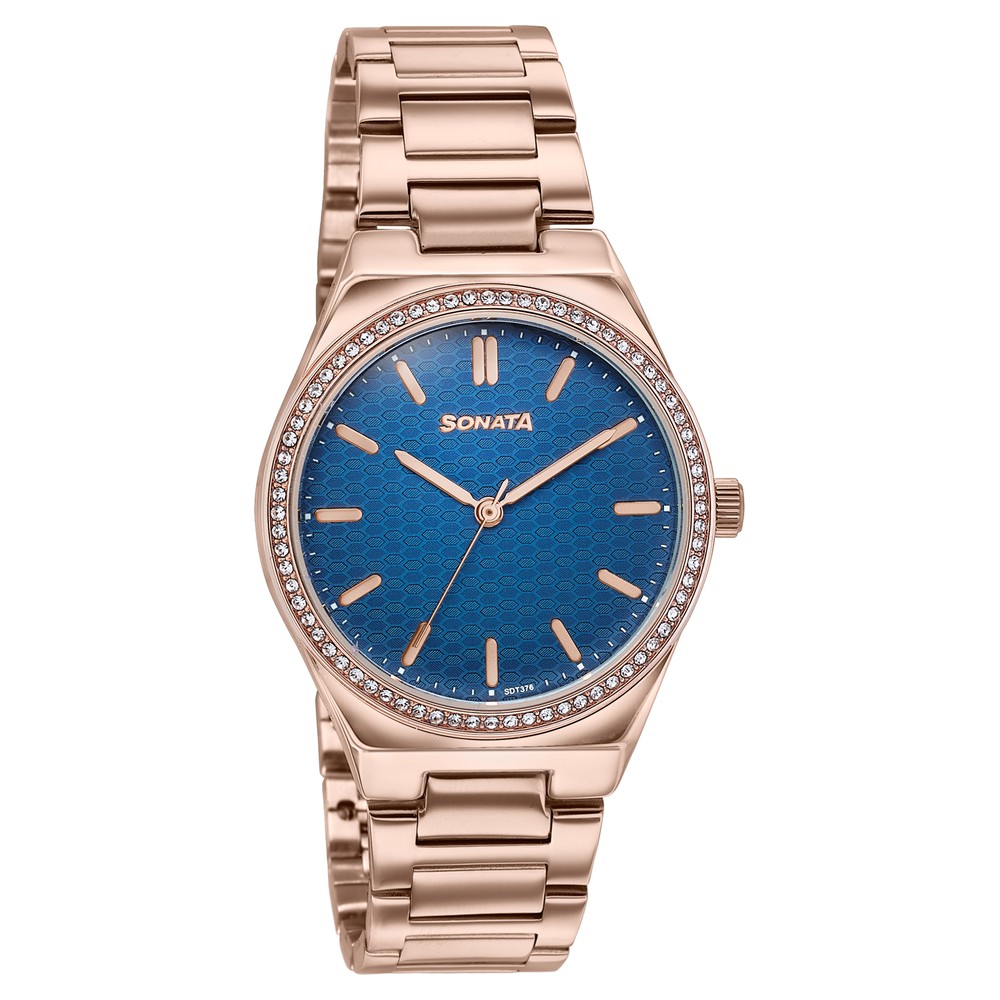 Sonata Jashn Quartz Analog Blue Dial Rose Gold Metal Strap Watch For Women