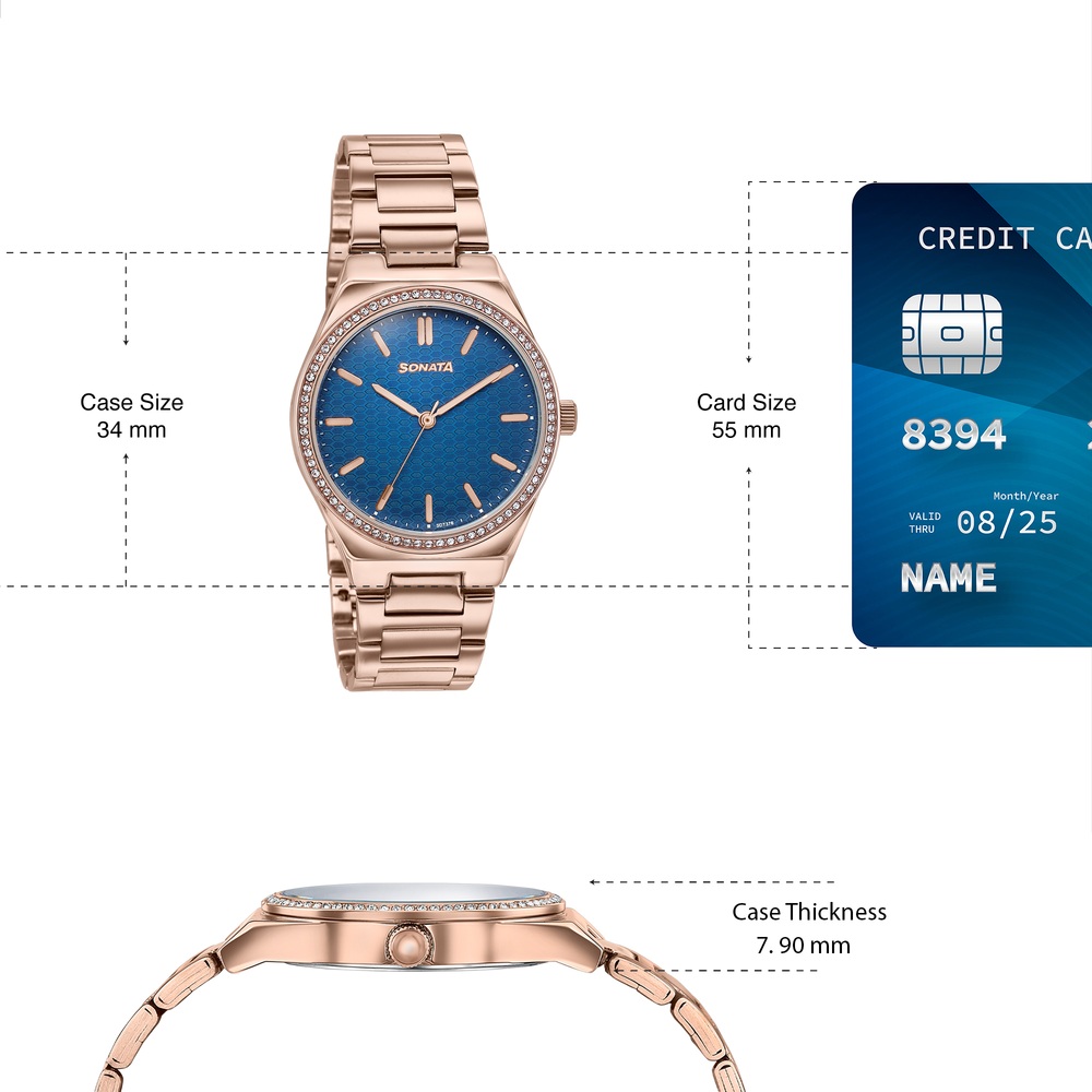 Sonata Jashn Quartz Analog Blue Dial Rose Gold Metal Strap Watch For Women