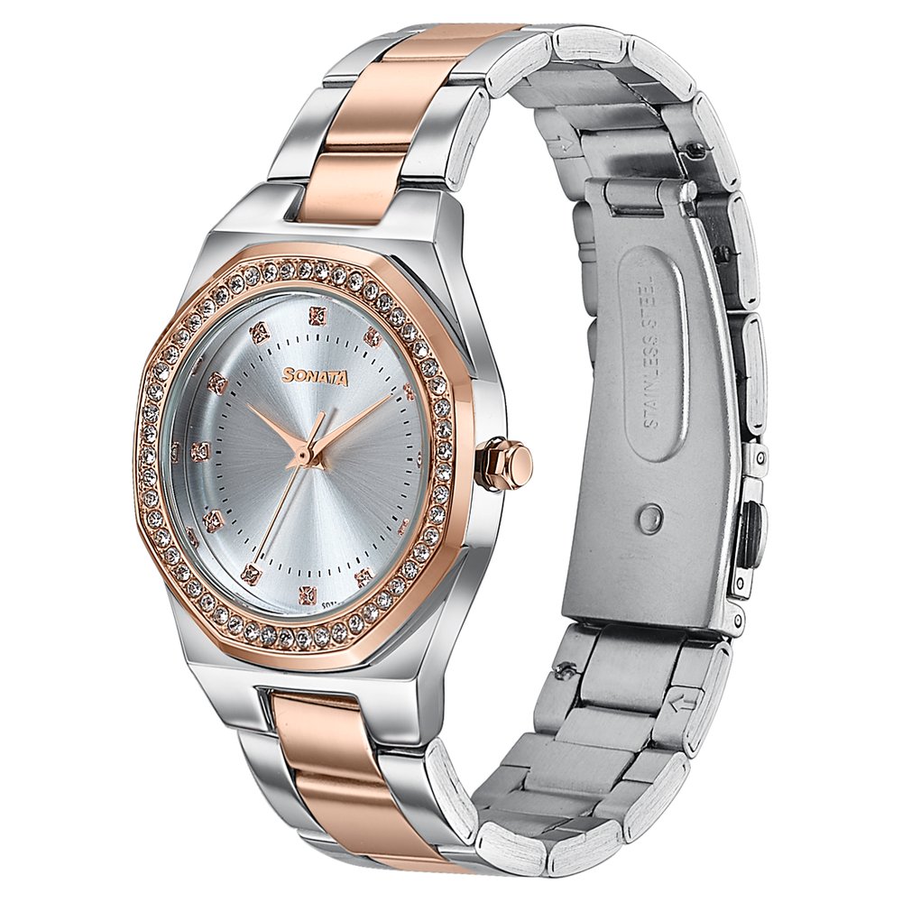 Sonata Jashn Quartz Analog White Dial Two Toned Metal Strap Watch For Women