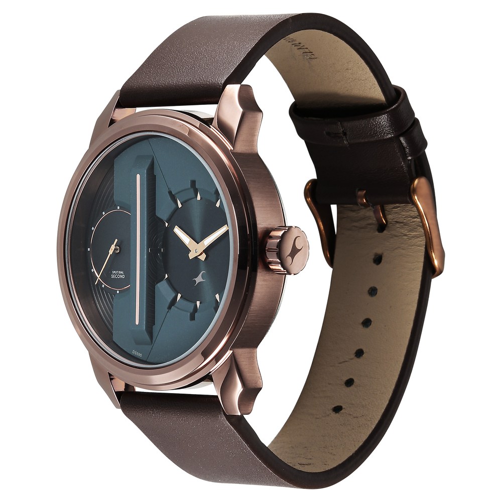 Fastrack Pulse IV Dual Time Analog Watch with Green Dial & Brown Leather Strap For Guys