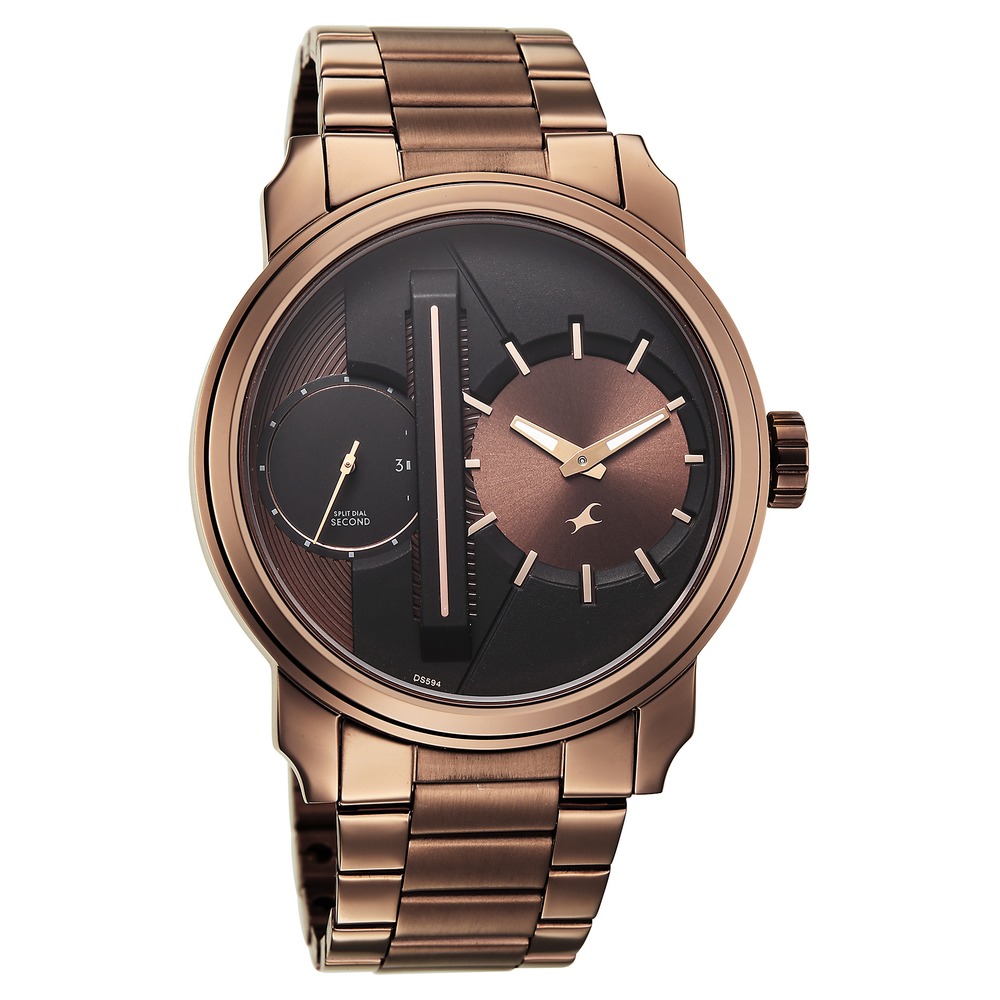 Fastrack Pulse IV Dual Time Analog Watch with Brown Dial & Brown Stainless Steel Strap For Guys