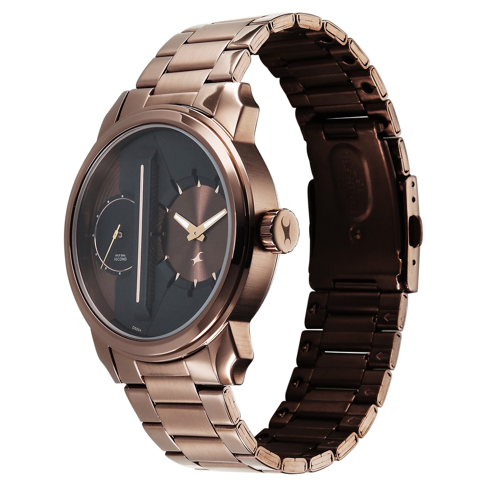 Fastrack Pulse IV Dual Time Analog Watch with Brown Dial & Brown Stainless Steel Strap For Guys