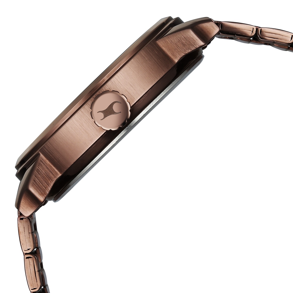 Fastrack Pulse IV Dual Time Analog Watch with Brown Dial & Brown Stainless Steel Strap For Guys