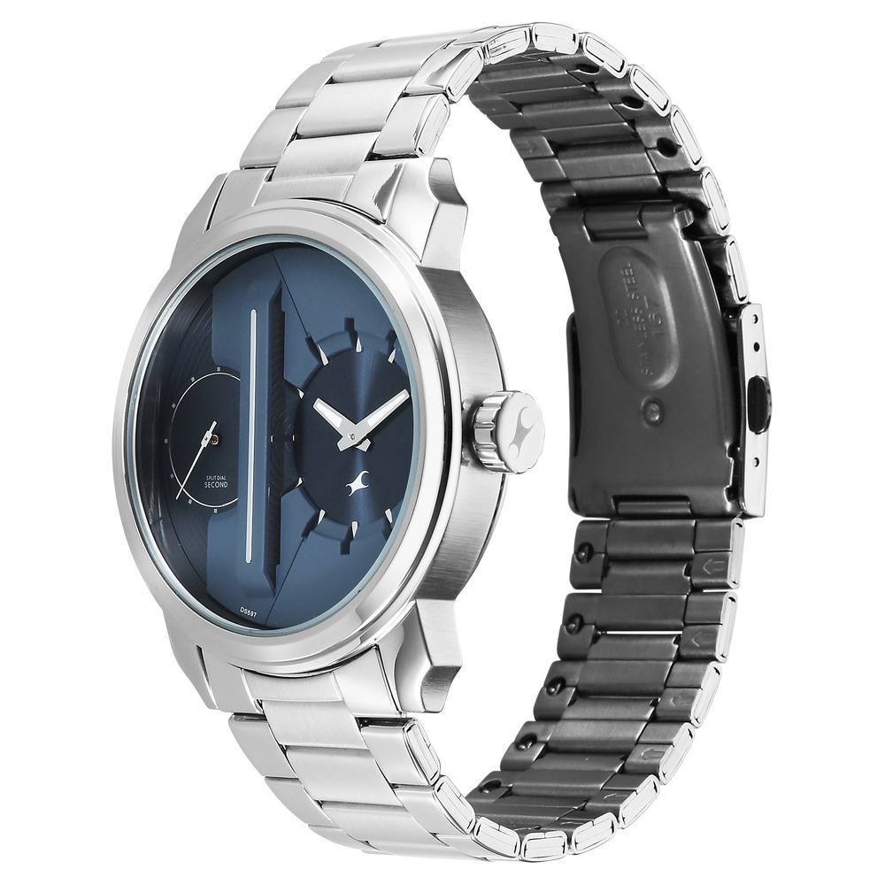 Fastrack Pulse IV Dual Time Analog Watch with Blue Dial & Silver Stainless Steel Strap For Guys