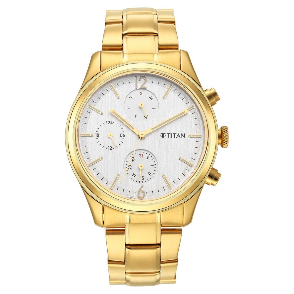 Titan Black and Gold Silver Dial Analog with Day and Date Stainless Steel Strap Watch for Men
