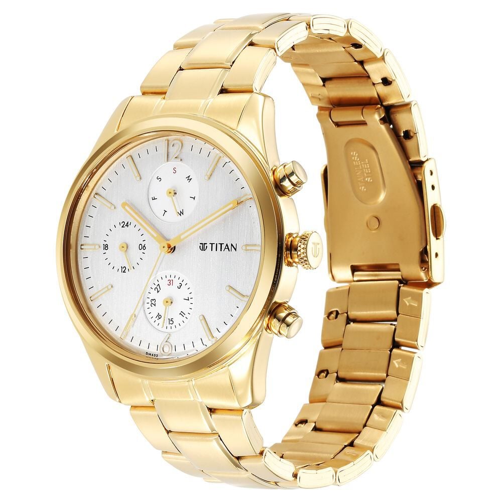 Titan Black and Gold Silver Dial Analog with Day and Date Stainless Steel Strap Watch for Men