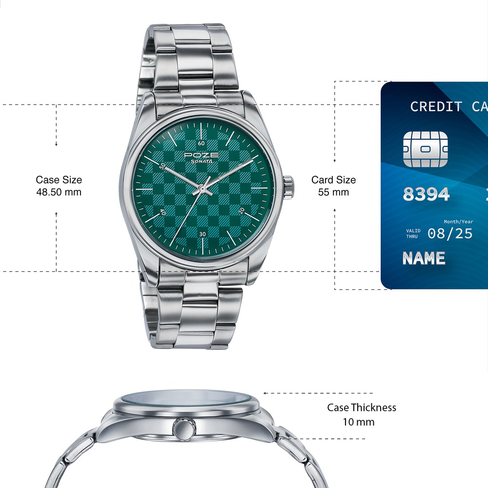 Poze By Sonata Quartz Analog Green Dial Silver Stainless Steel Strap Watch For Men