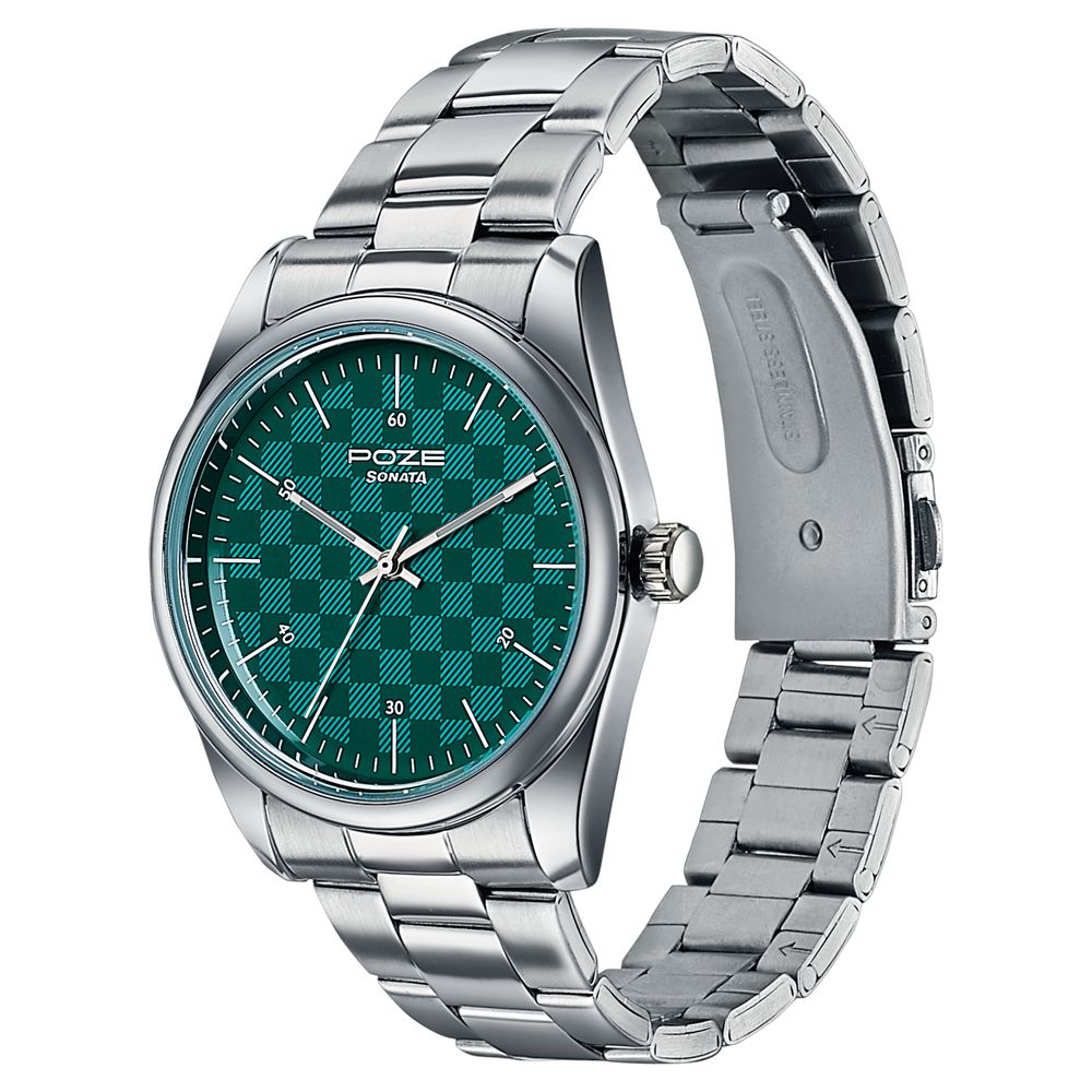 Poze By Sonata Quartz Analog Green Dial Silver Stainless Steel Strap Watch For Men