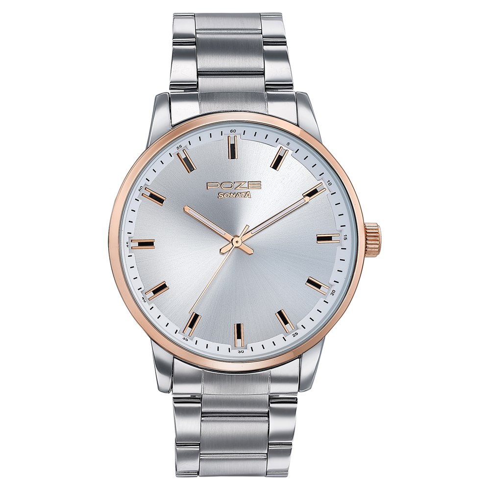 Sonata Poze Quartz Analog Silver Dial Stainless Steel Strap Watch For Men