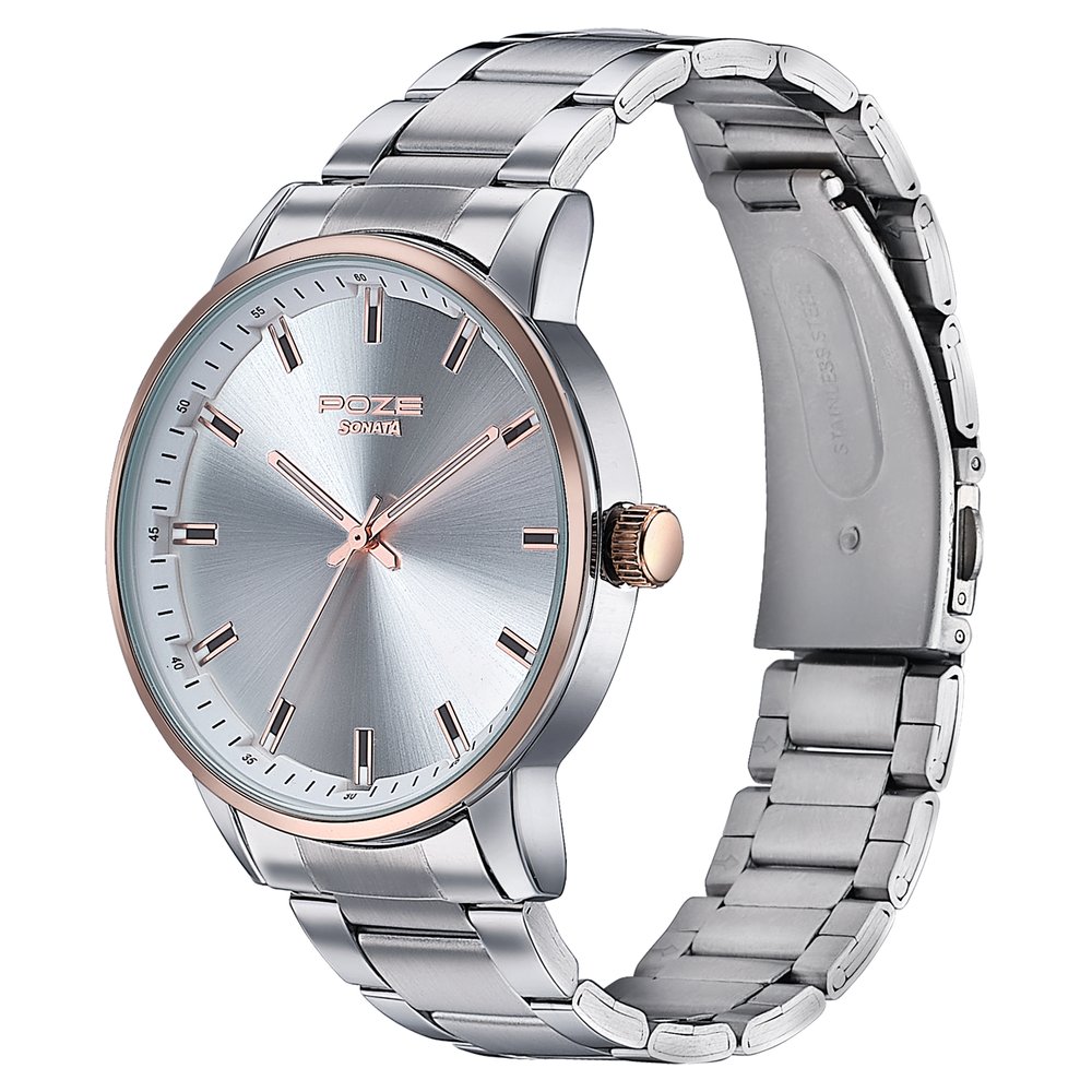Sonata Poze Quartz Analog Silver Dial Stainless Steel Strap Watch For Men