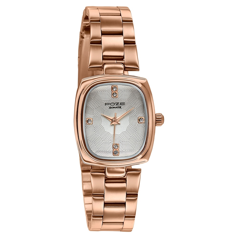 Poze By Sonata Quartz Analog White Dial Rose Gold Stainless Steel Strap Watch For Women