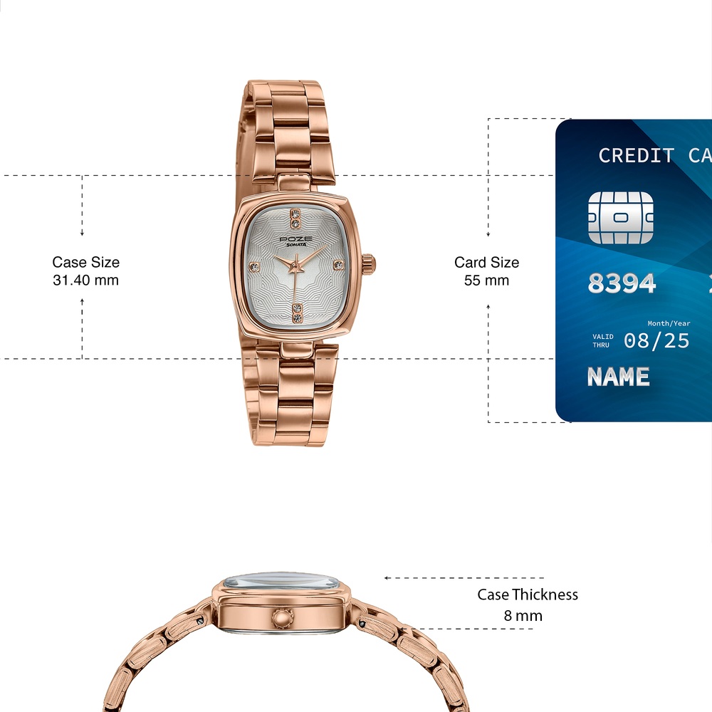 Poze By Sonata Quartz Analog White Dial Rose Gold Stainless Steel Strap Watch For Women