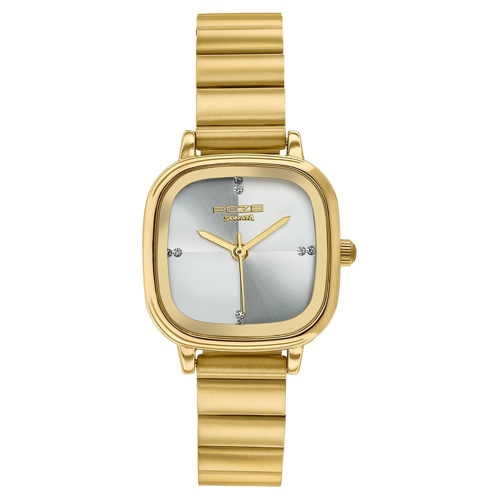 Poze By Sonata Quartz Analog Silver Sunray Dial Golden Stainless Steel Strap Watch For Women