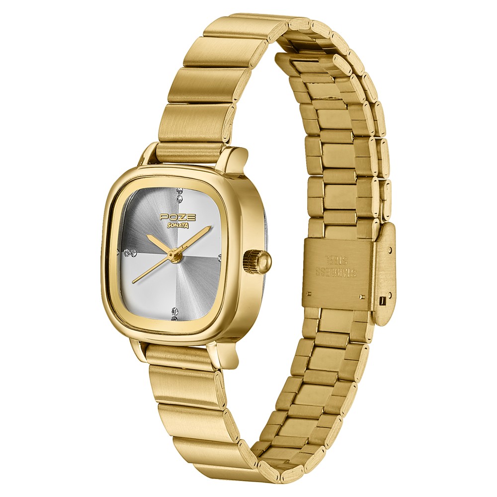 Poze By Sonata Quartz Analog Silver Sunray Dial Golden Stainless Steel Strap Watch For Women