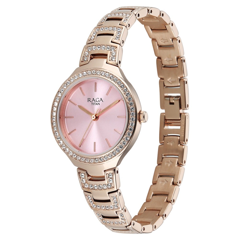 Titan Raga Spotlight Quartz Analog Pink Dial Rose Gold Metal Strap Watch For Women