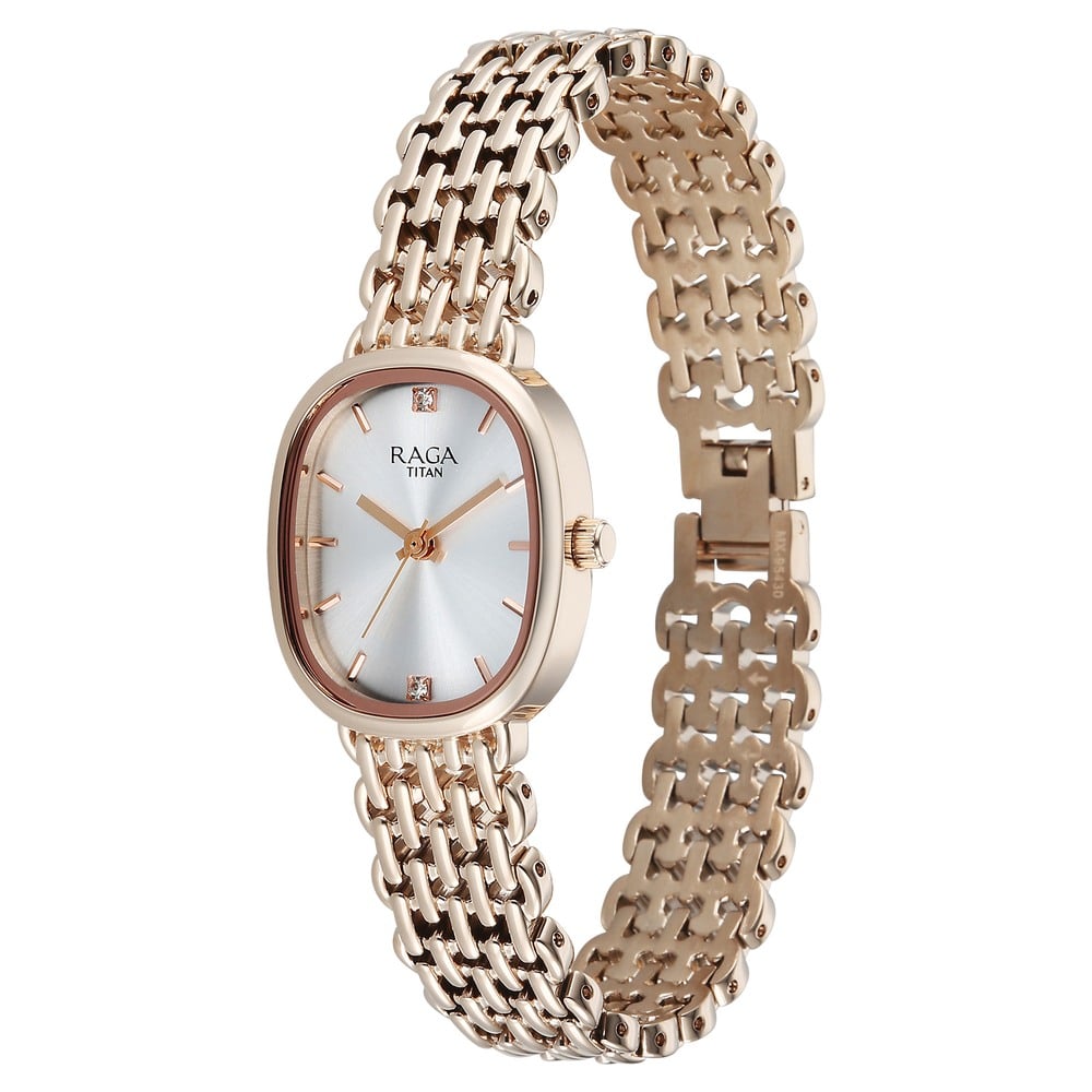 Titan Raga Spotlight Quartz Analog Silver Dial Rose Gold Metal Strap Watch For Women