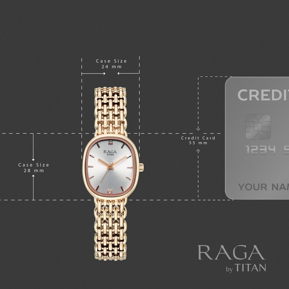Titan Raga Spotlight Quartz Analog Silver Dial Rose Gold Metal Strap Watch For Women