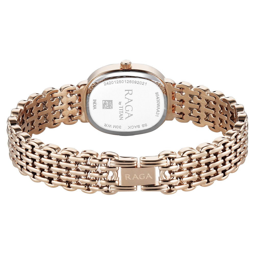 Titan Raga Spotlight Quartz Analog Silver Dial Rose Gold Metal Strap Watch For Women