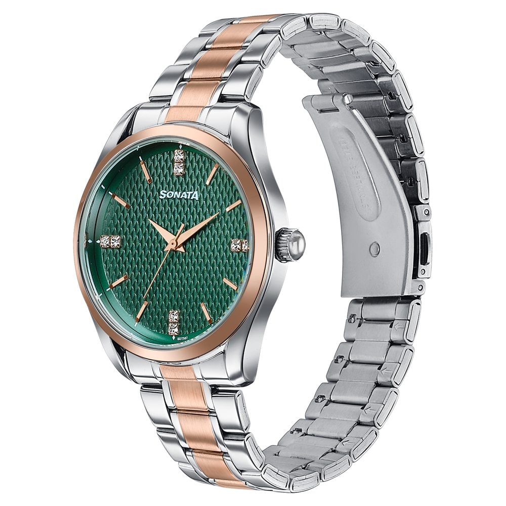 Sonata Jashn Quartz Analog Green Dial Two Toned Metal Strap Watch For Men (3)